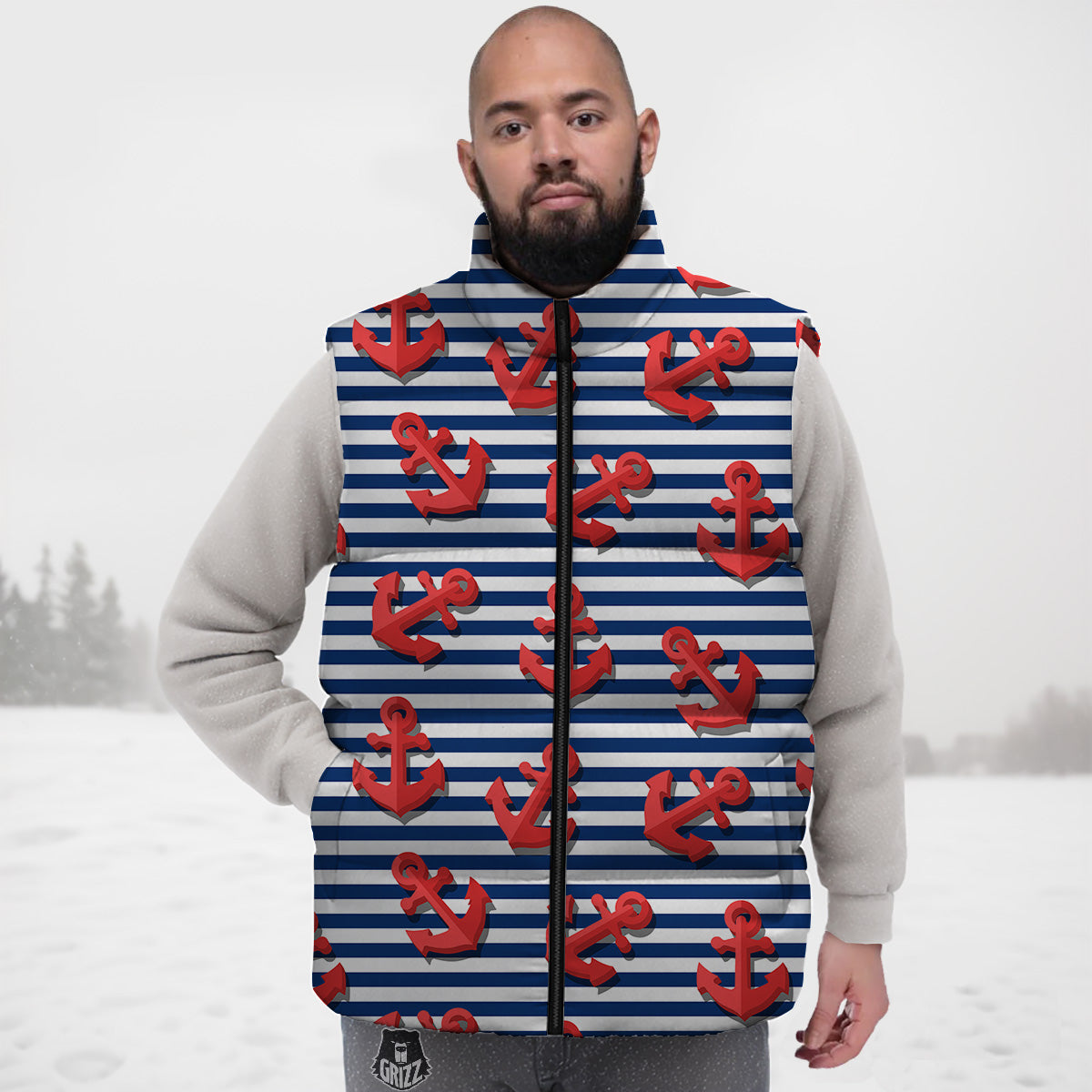 Red Nautical Anchor Blue Striped Print Down Vest