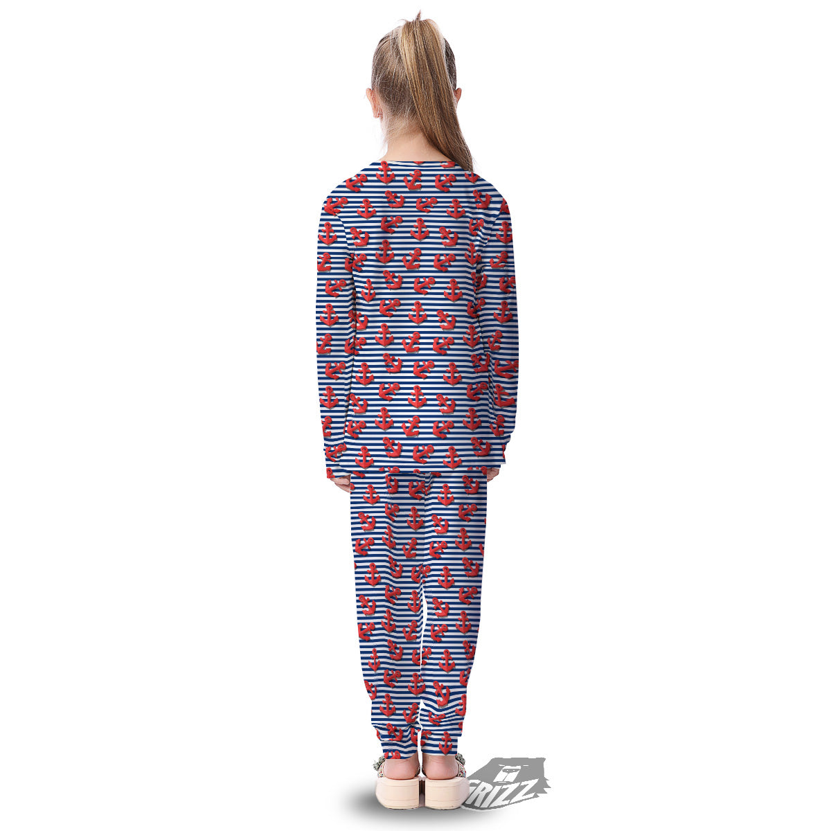 Red Nautical Anchor Blue Striped Print Kid's Pajamas-grizzshop