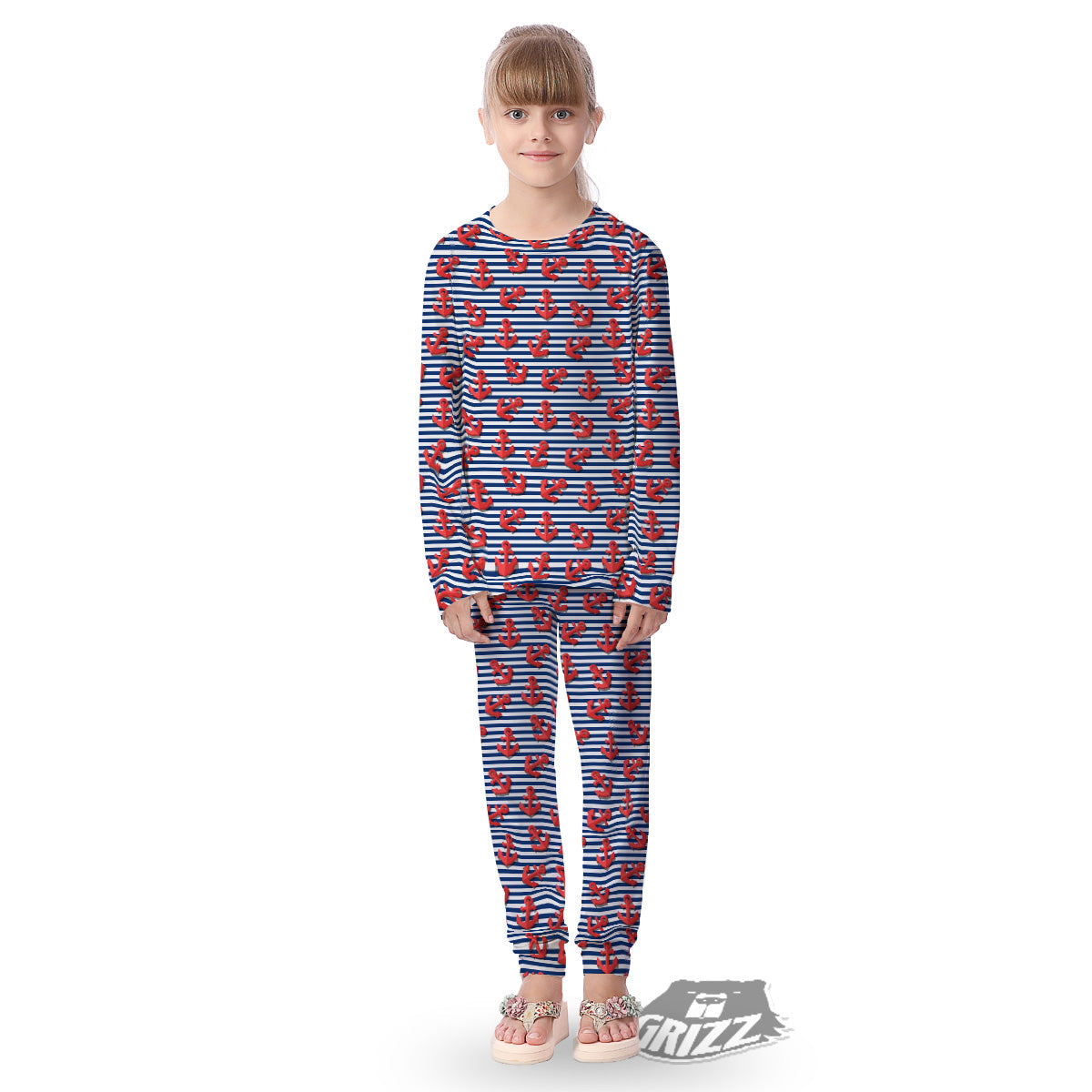 Red Nautical Anchor Blue Striped Print Kid's Pajamas-grizzshop