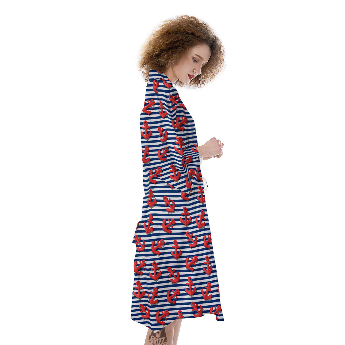 Red Nautical Anchor Blue Striped Print Kimono-grizzshop