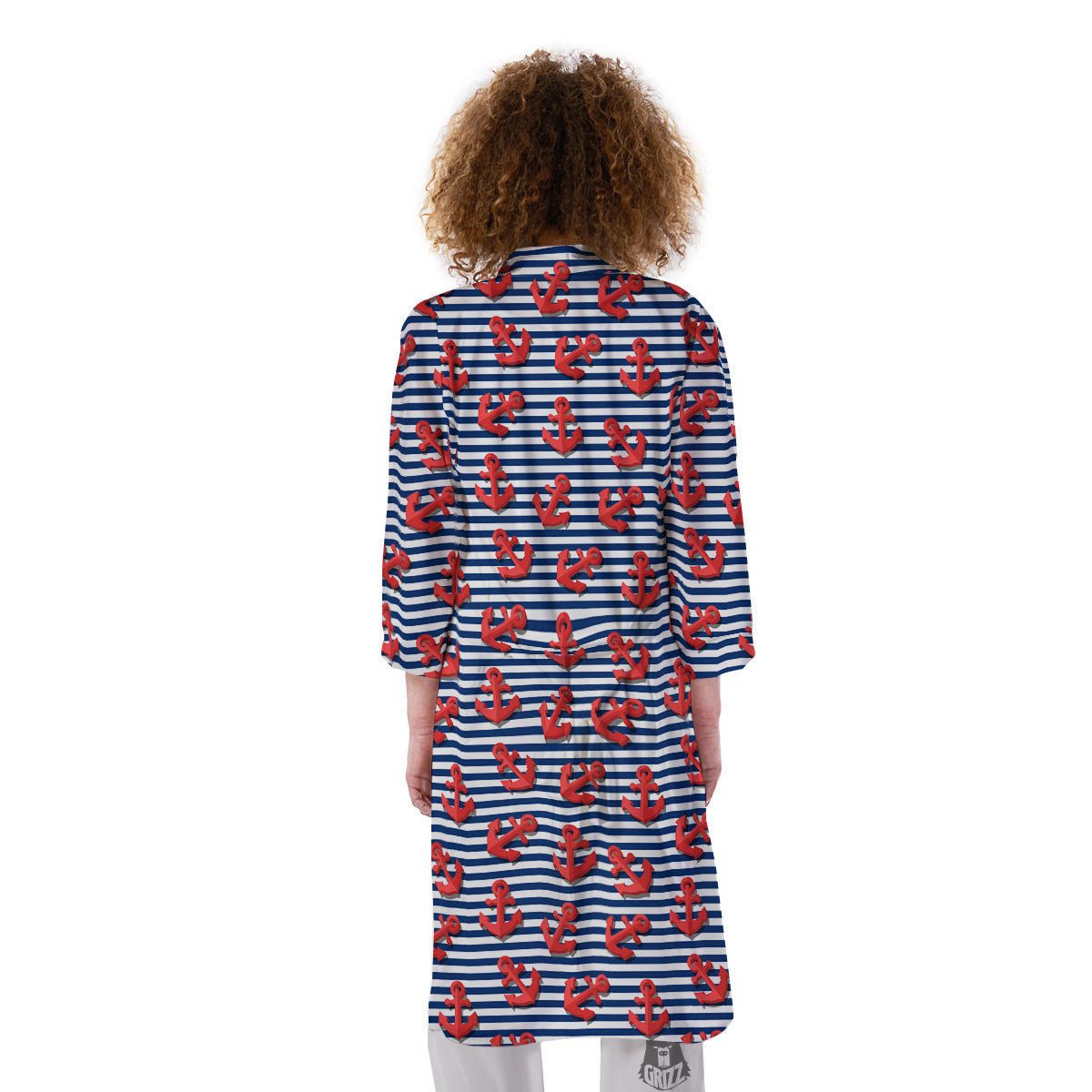 Red Nautical Anchor Blue Striped Print Kimono-grizzshop
