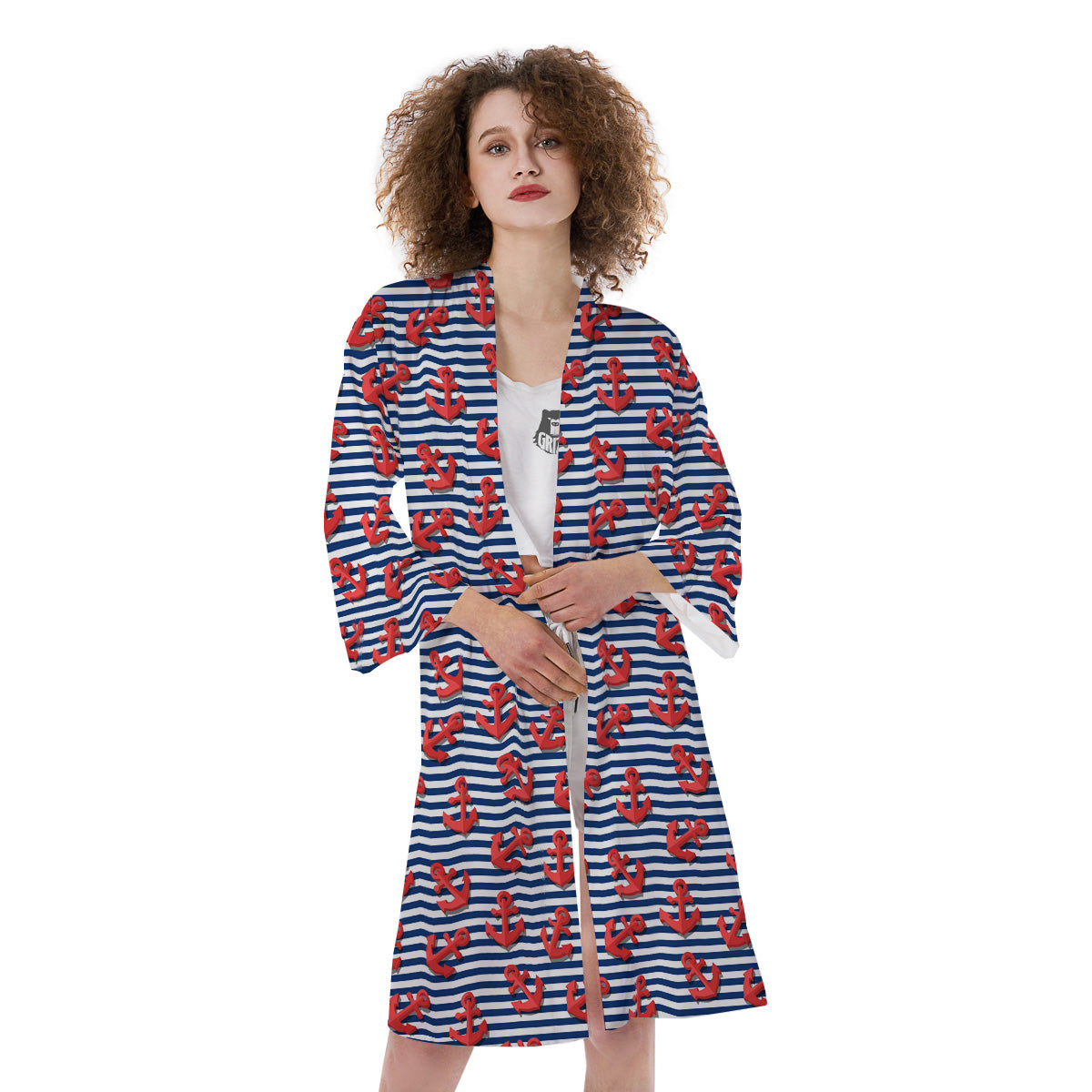 Red Nautical Anchor Blue Striped Print Kimono-grizzshop