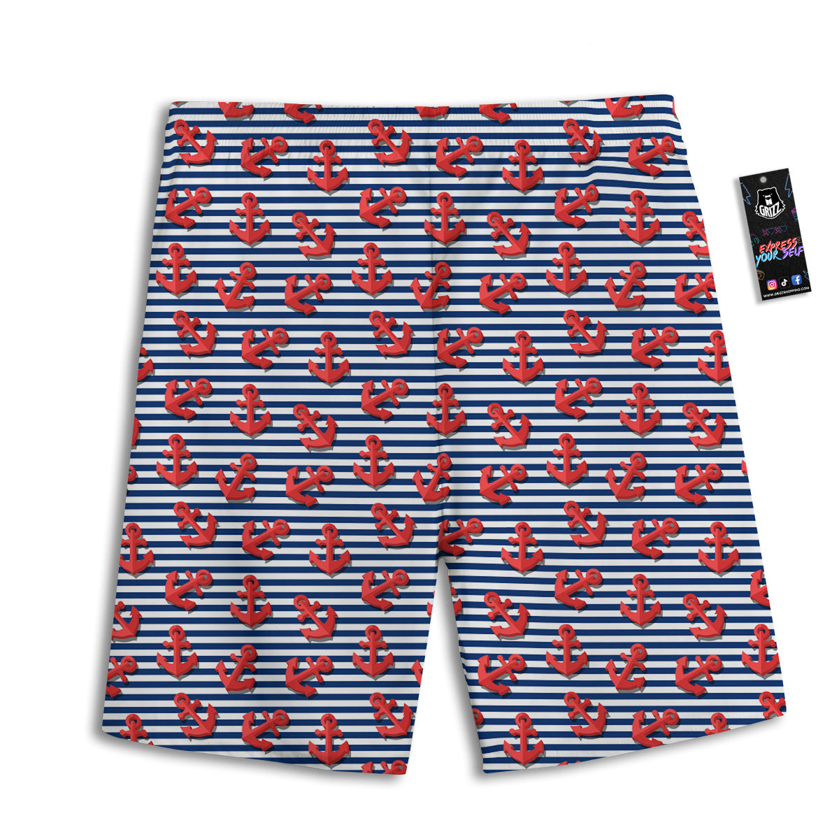 Red Nautical Anchor Blue Striped Print Men's Athletic Shorts