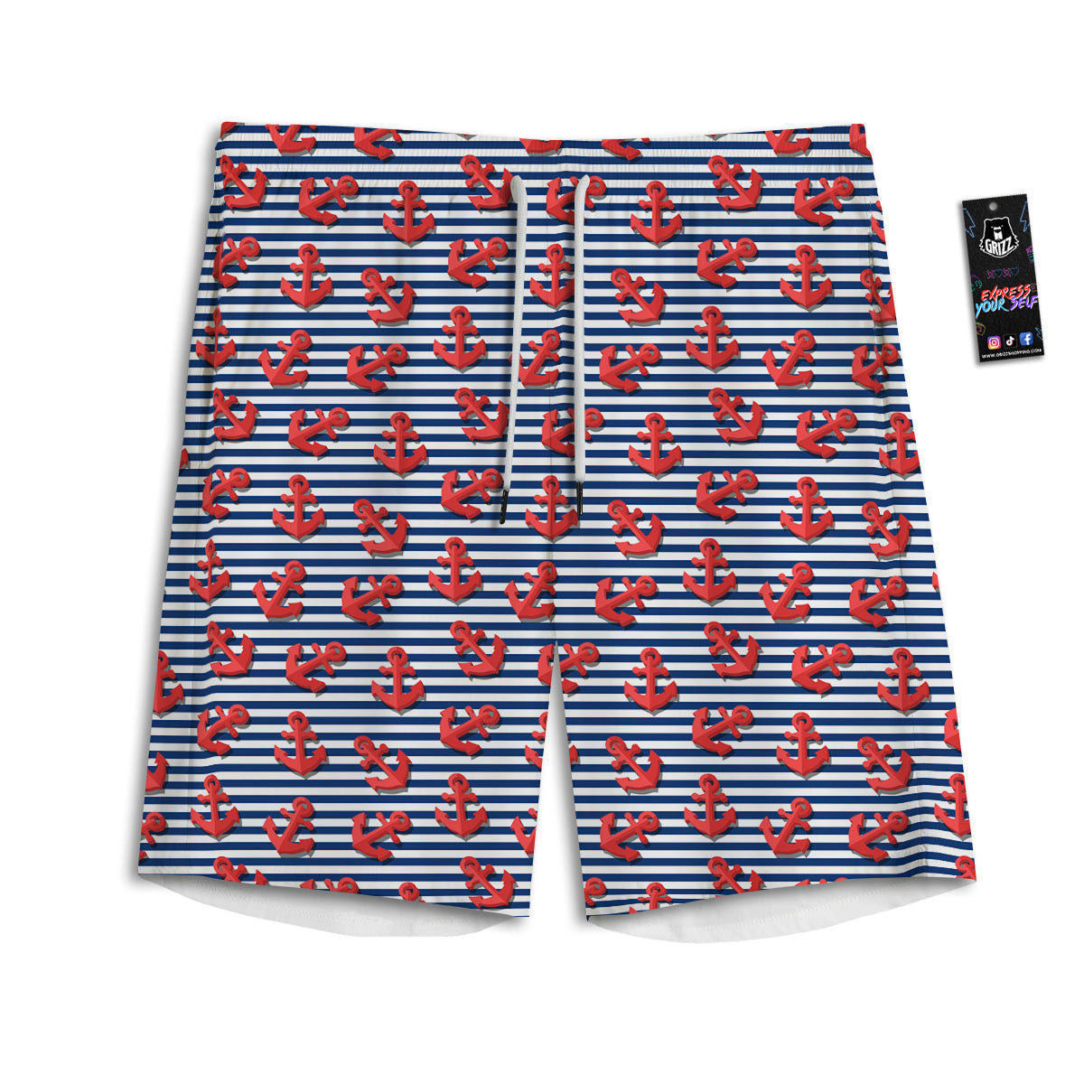 Red Nautical Anchor Blue Striped Print Men's Athletic Shorts