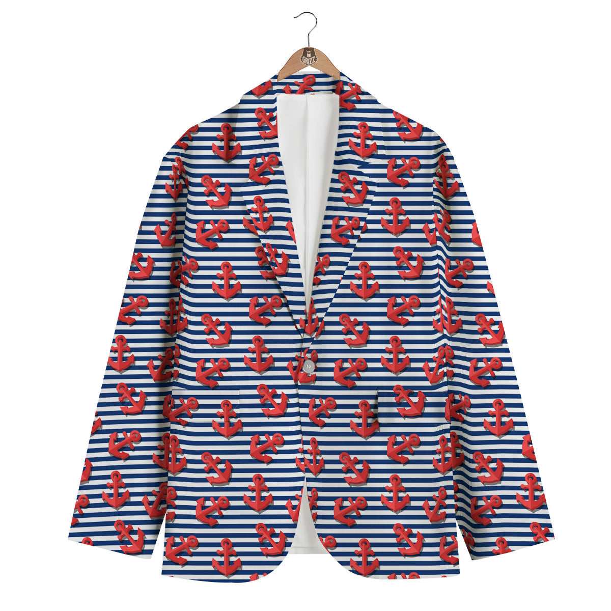 Red Nautical Anchor Blue Striped Print Men's Blazer-grizzshop