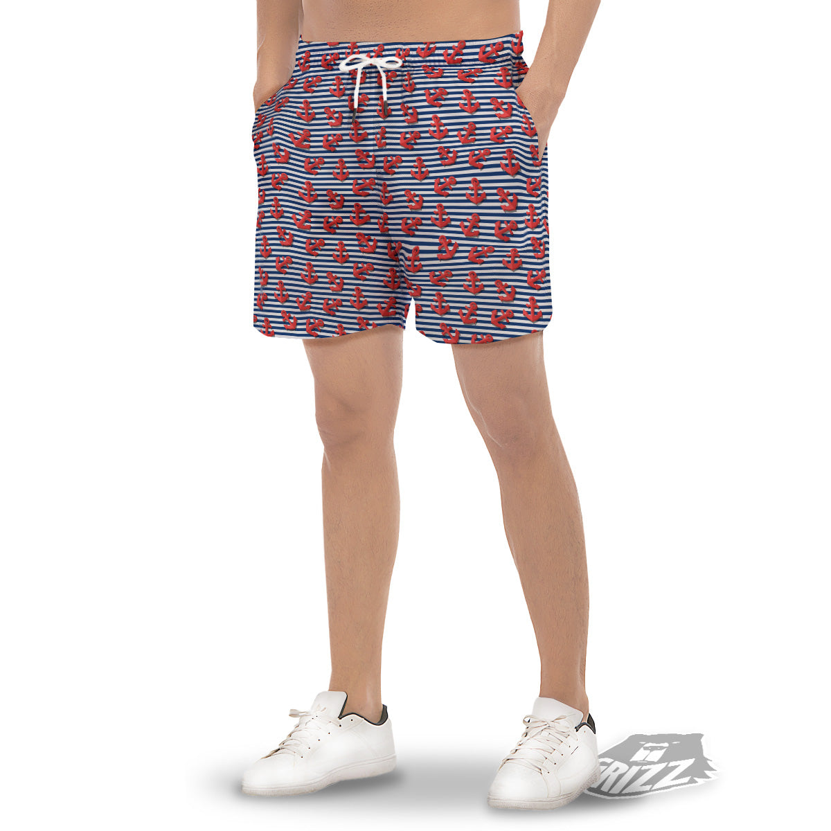 Red Nautical Anchor Blue Striped Print Men's Gym Shorts-grizzshop