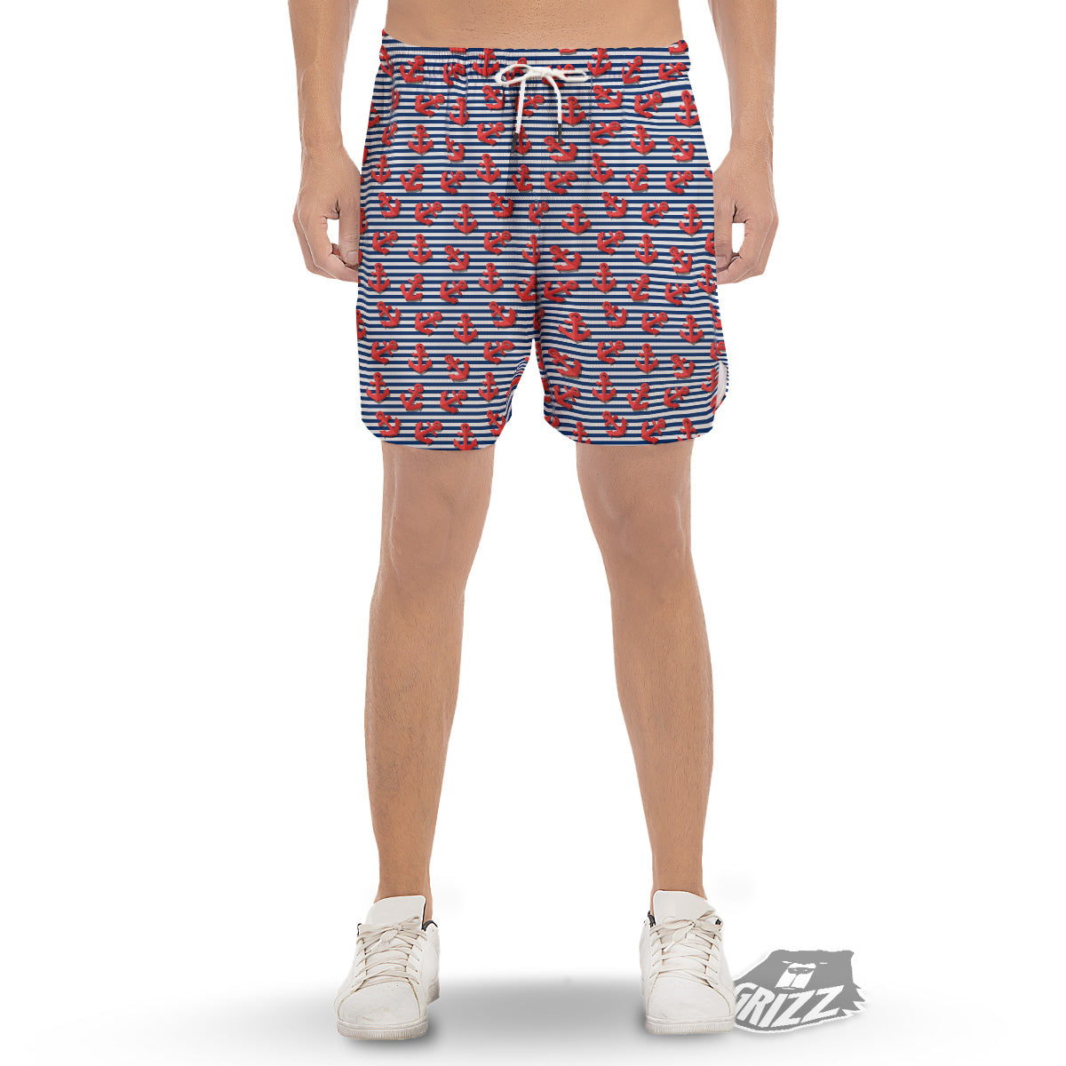 Red Nautical Anchor Blue Striped Print Men's Gym Shorts-grizzshop