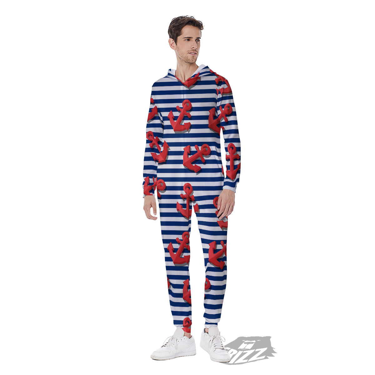 Red Nautical Anchor Blue Striped Print Men's Jumpsuit-grizzshop