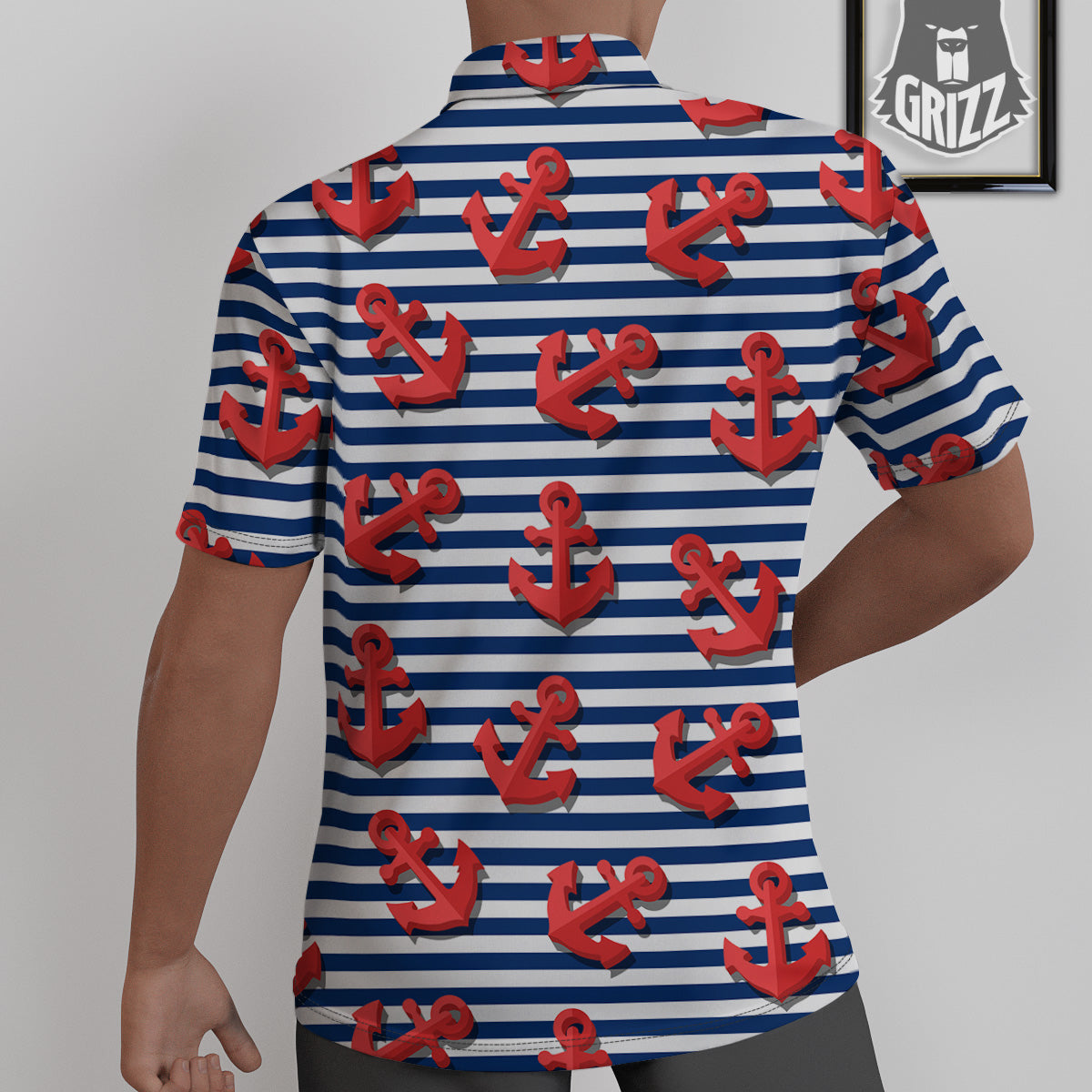 Red Nautical Anchor Blue Striped Print Untucked Shirts-grizzshop