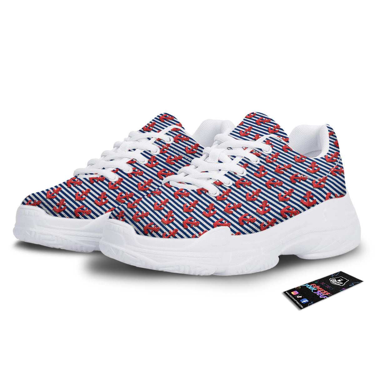 Red Nautical Anchor Blue Striped Print White Chunky Shoes-grizzshop