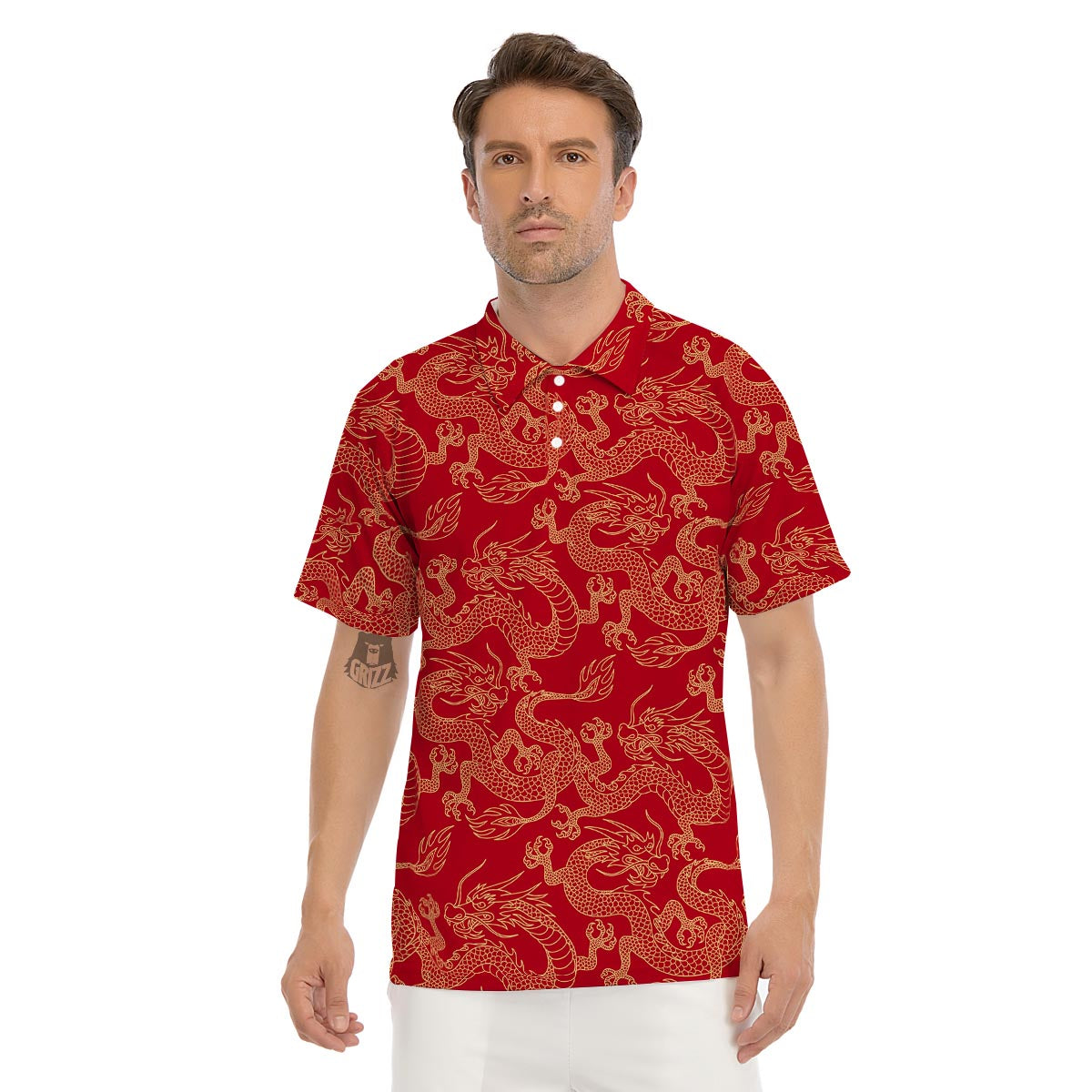 Red Oriental Chinese Dragon Men's Golf Shirts-grizzshop