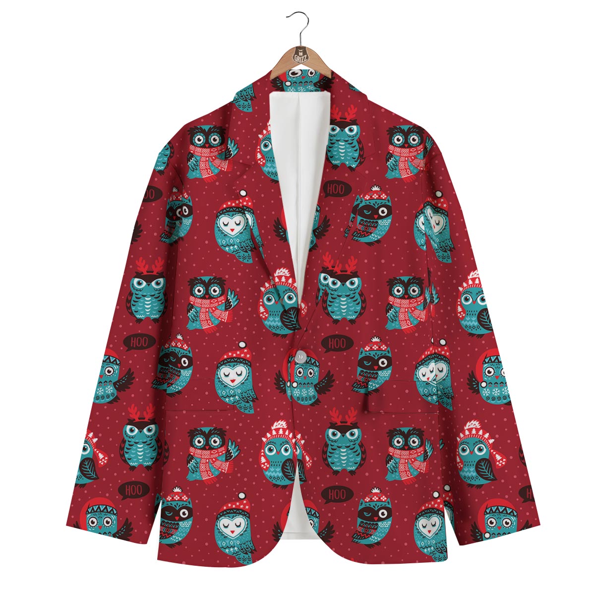 Red Owl Christmas Pattern Print Men's Blazer-grizzshop