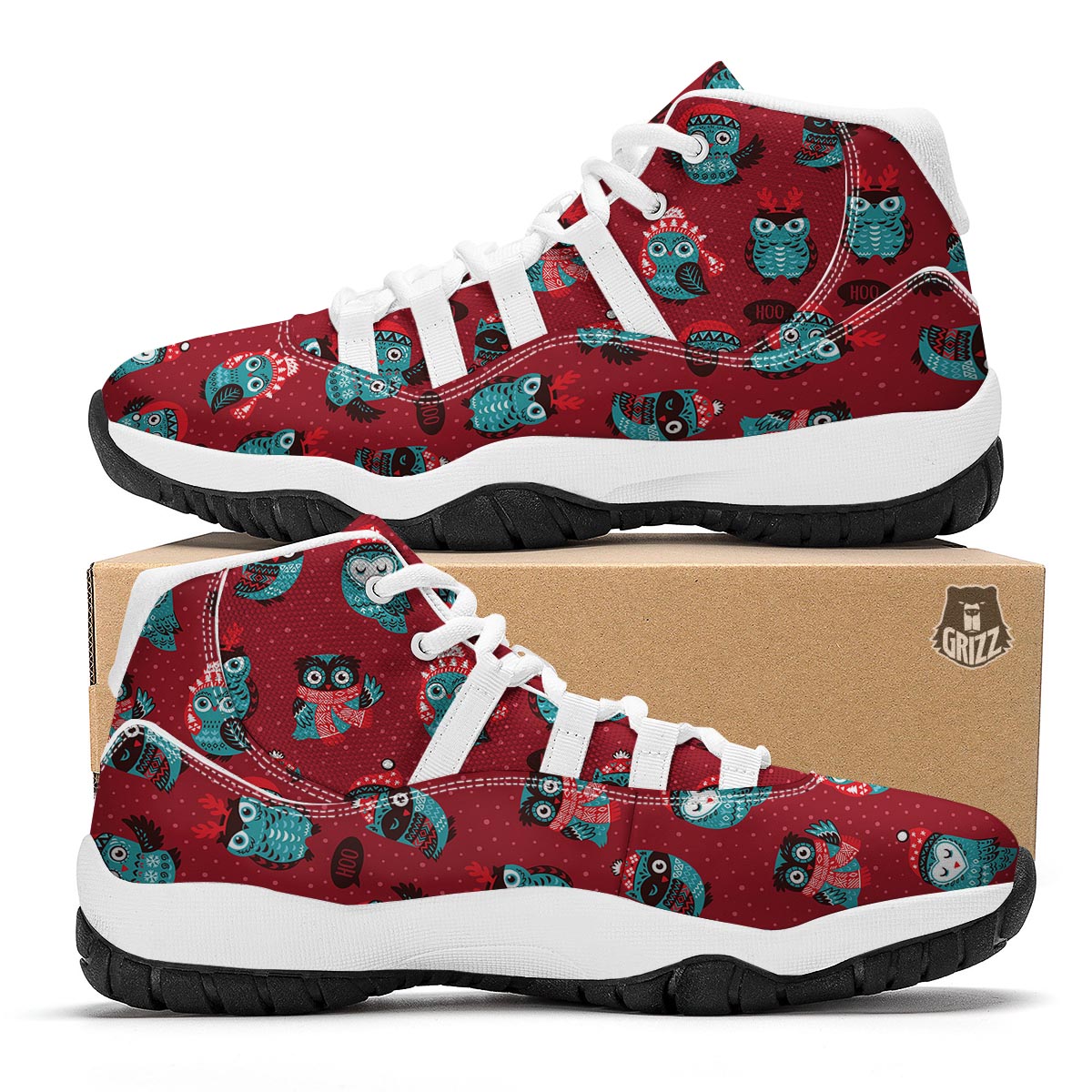 Red Owl Christmas Pattern Print White Bball Shoes-grizzshop