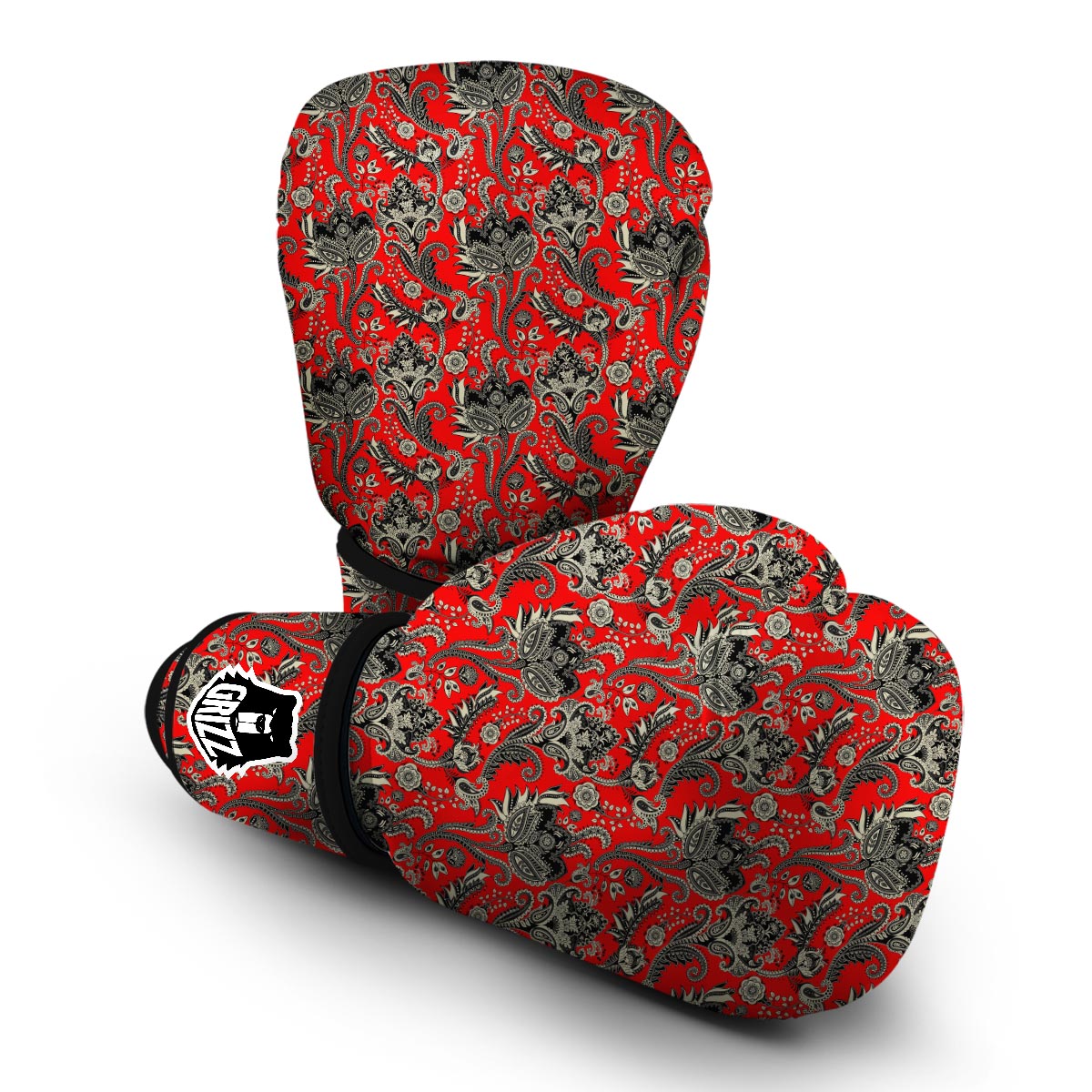 Red Paisley Pattern Print Boxing Gloves-grizzshop