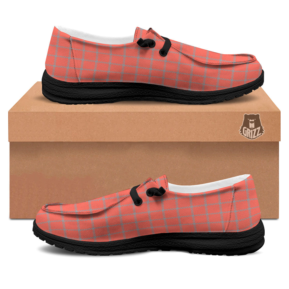 Red Pastel And Grey Tattersall Print Black Loafers-grizzshop