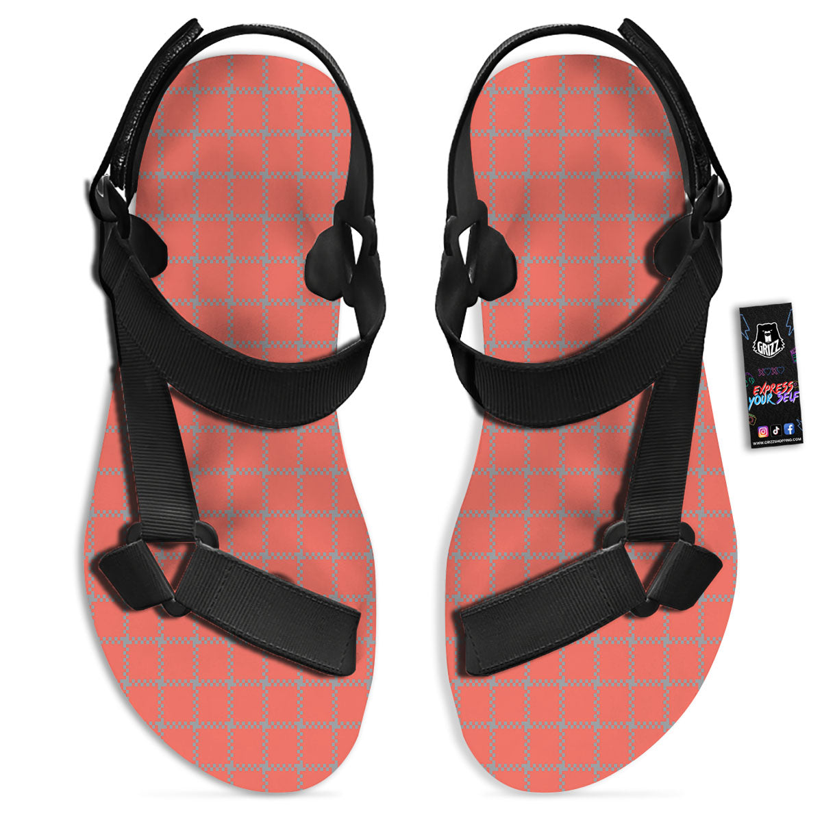 Red Pastel And Grey Tattersall Print Black Open Toe Sandals-grizzshop