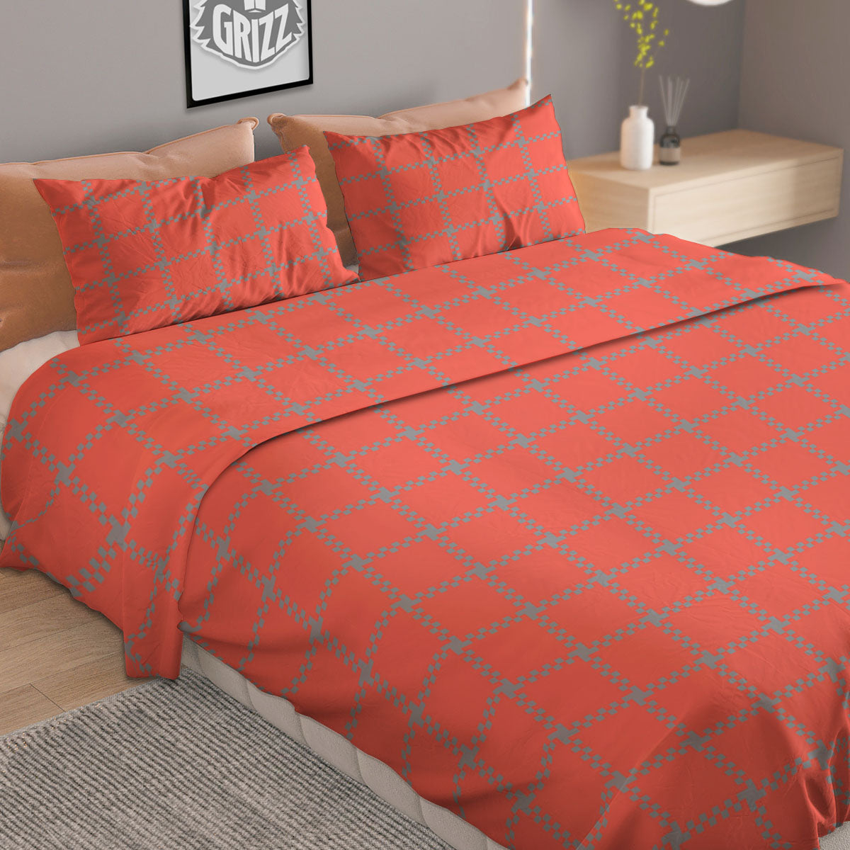 Red Pastel And Grey Tattersall Print Duvet Cover Bedding Set