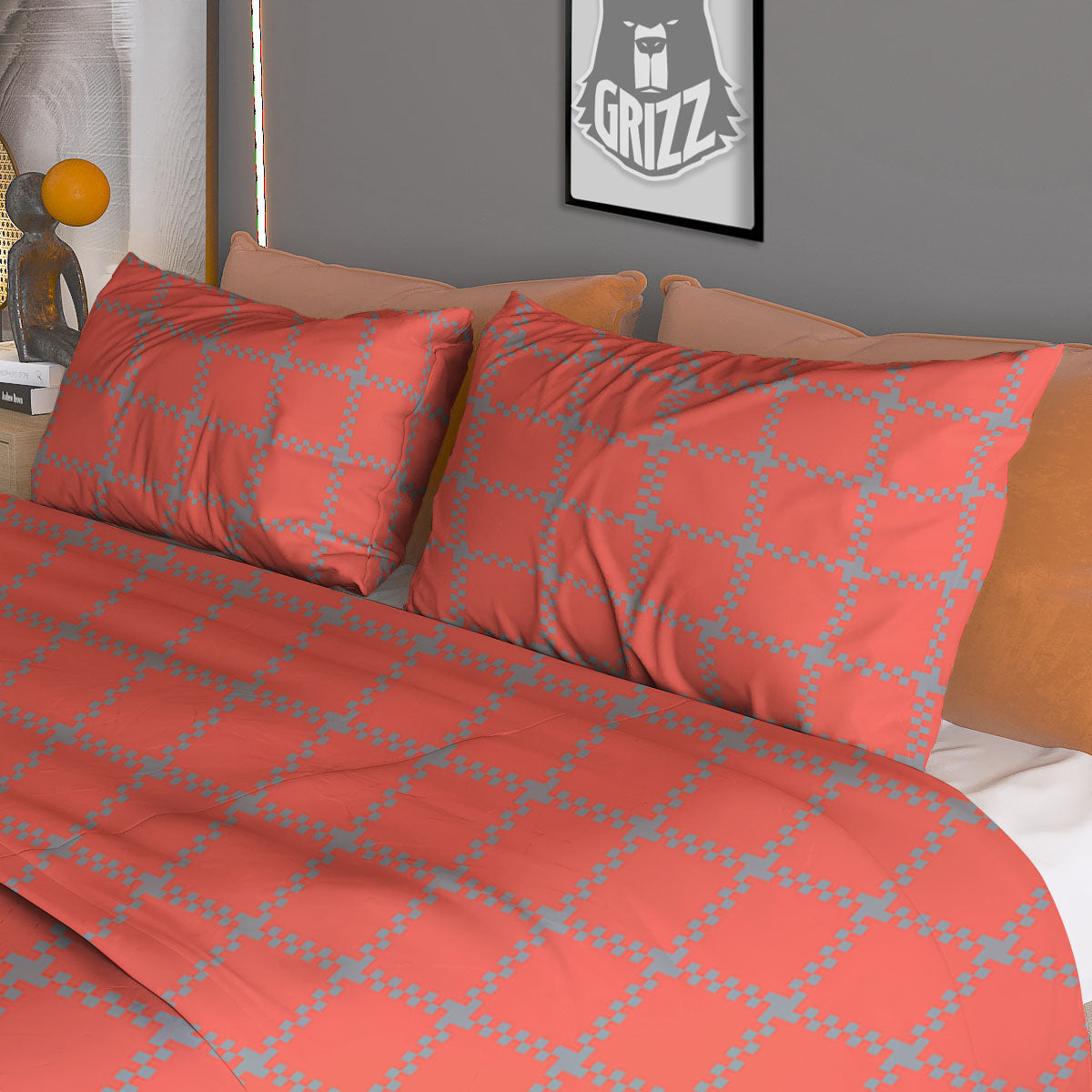 Red Pastel And Grey Tattersall Print Duvet Cover Bedding Set