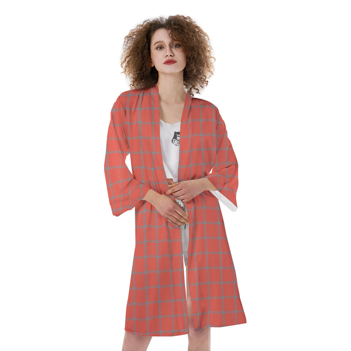Red Pastel And Grey Tattersall Print Kimono-grizzshop