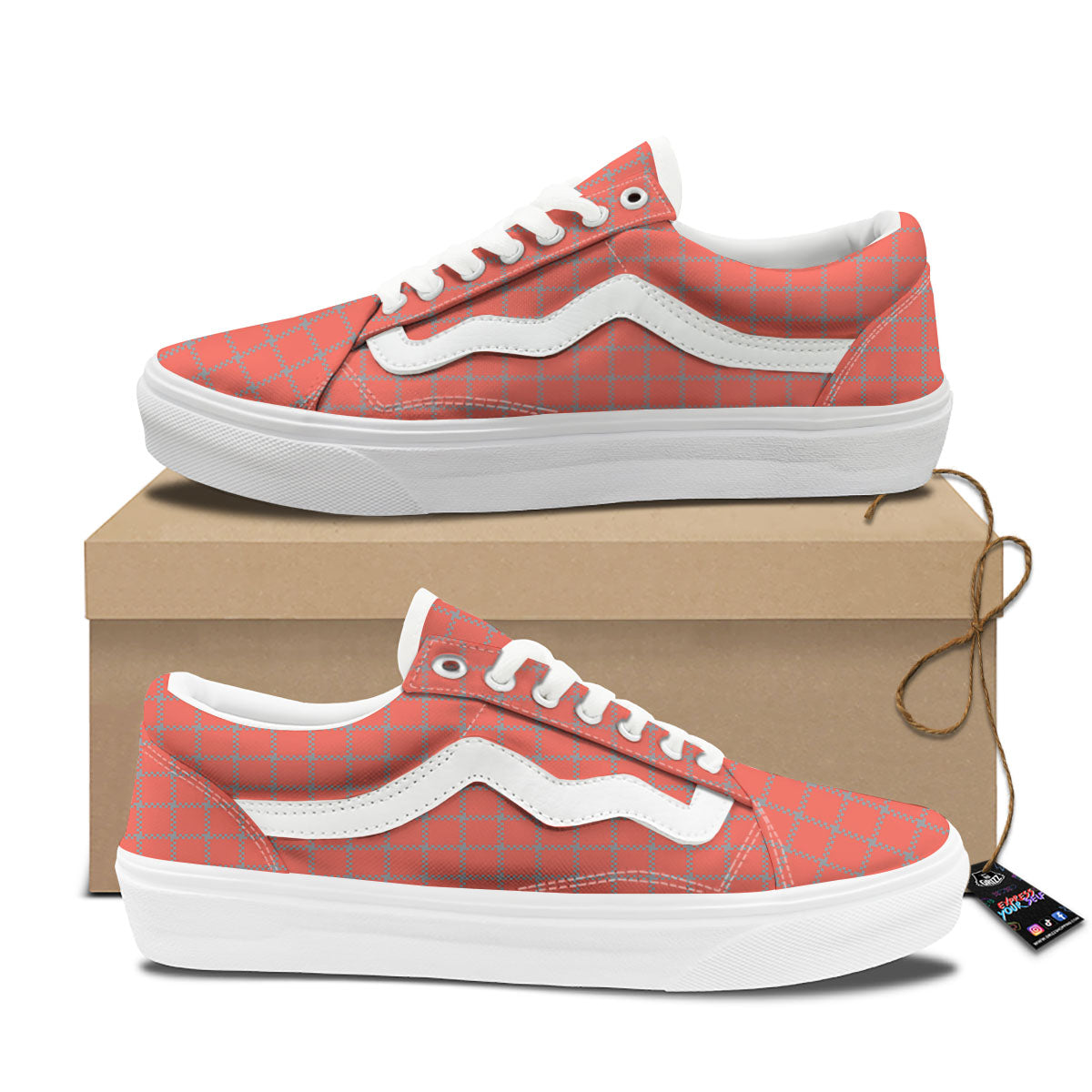 Red Pastel And Grey Tattersall Print Skate Shoes-grizzshop