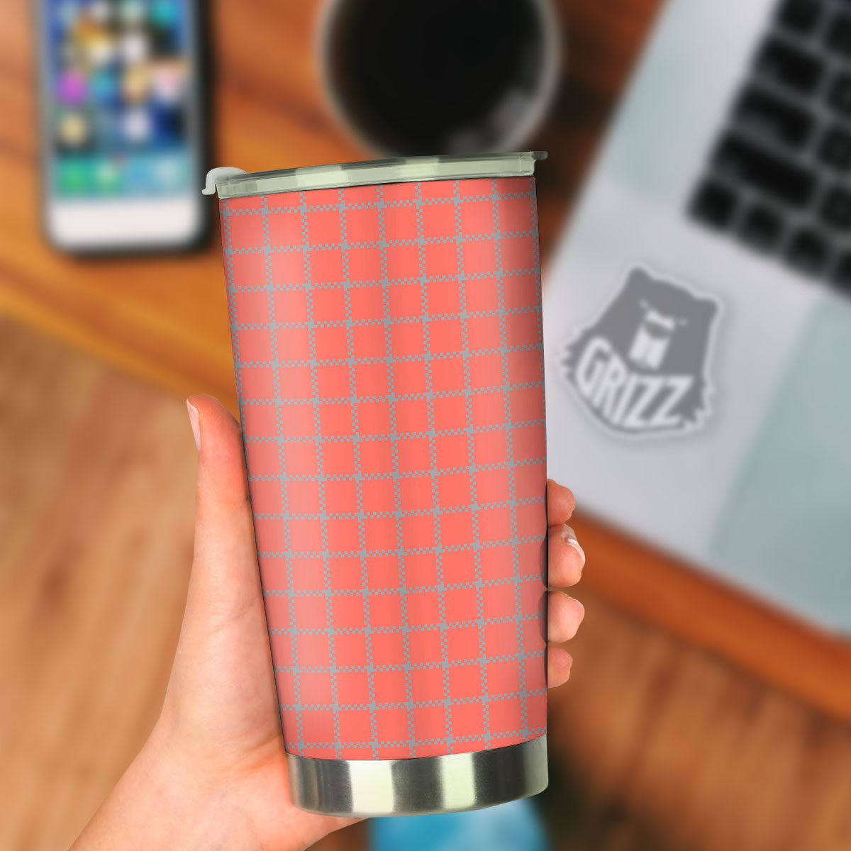 Red Pastel And Grey Tattersall Print Tumbler-grizzshop