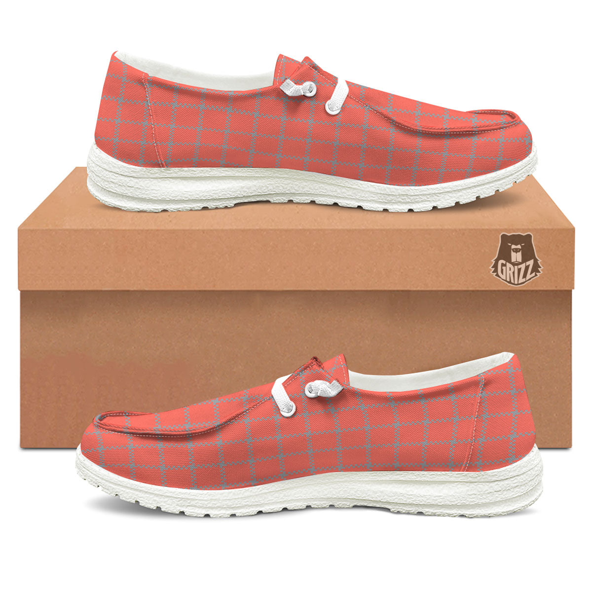 Red Pastel And Grey Tattersall Print White Loafers-grizzshop