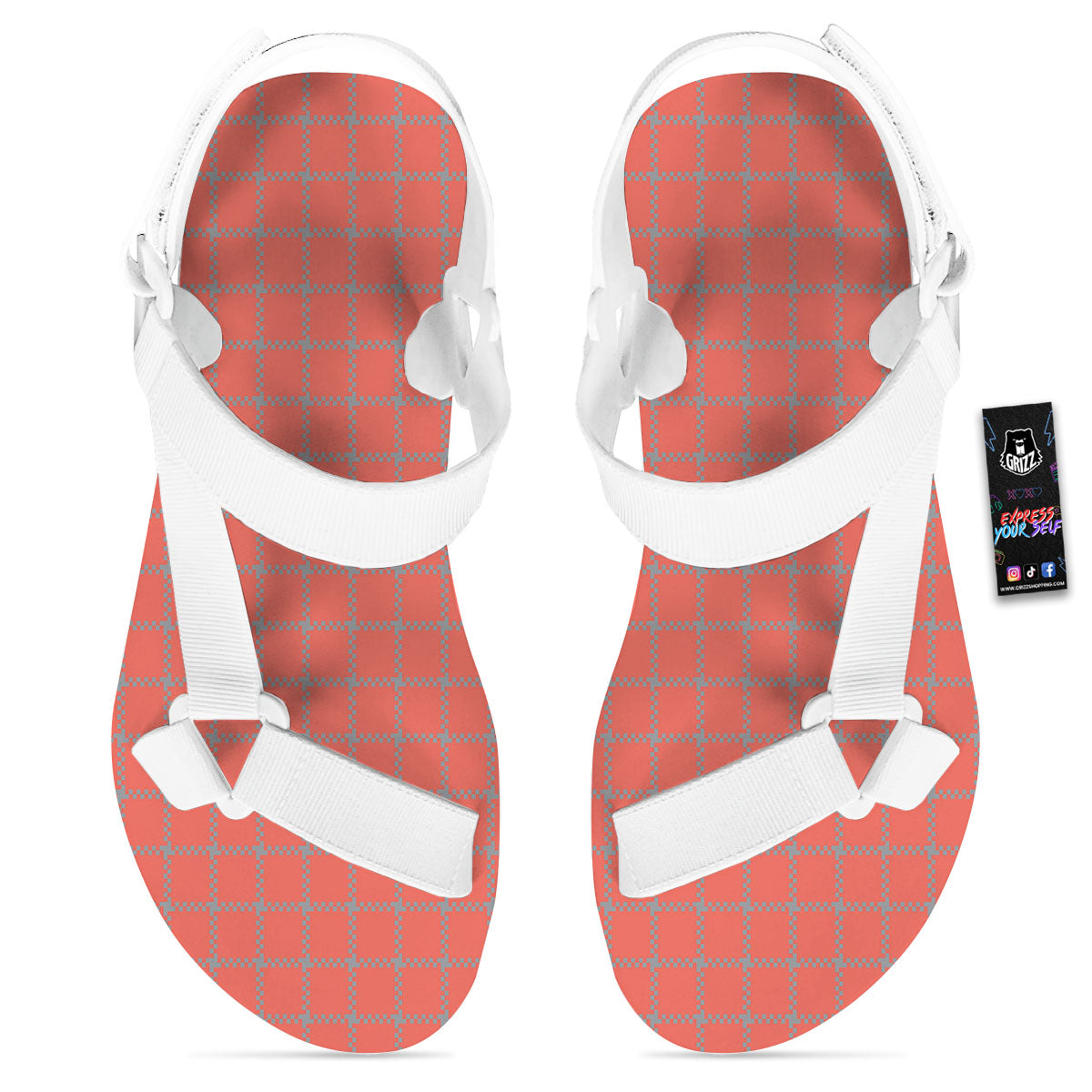 Red Pastel And Grey Tattersall Print White Open Toe Sandals-grizzshop