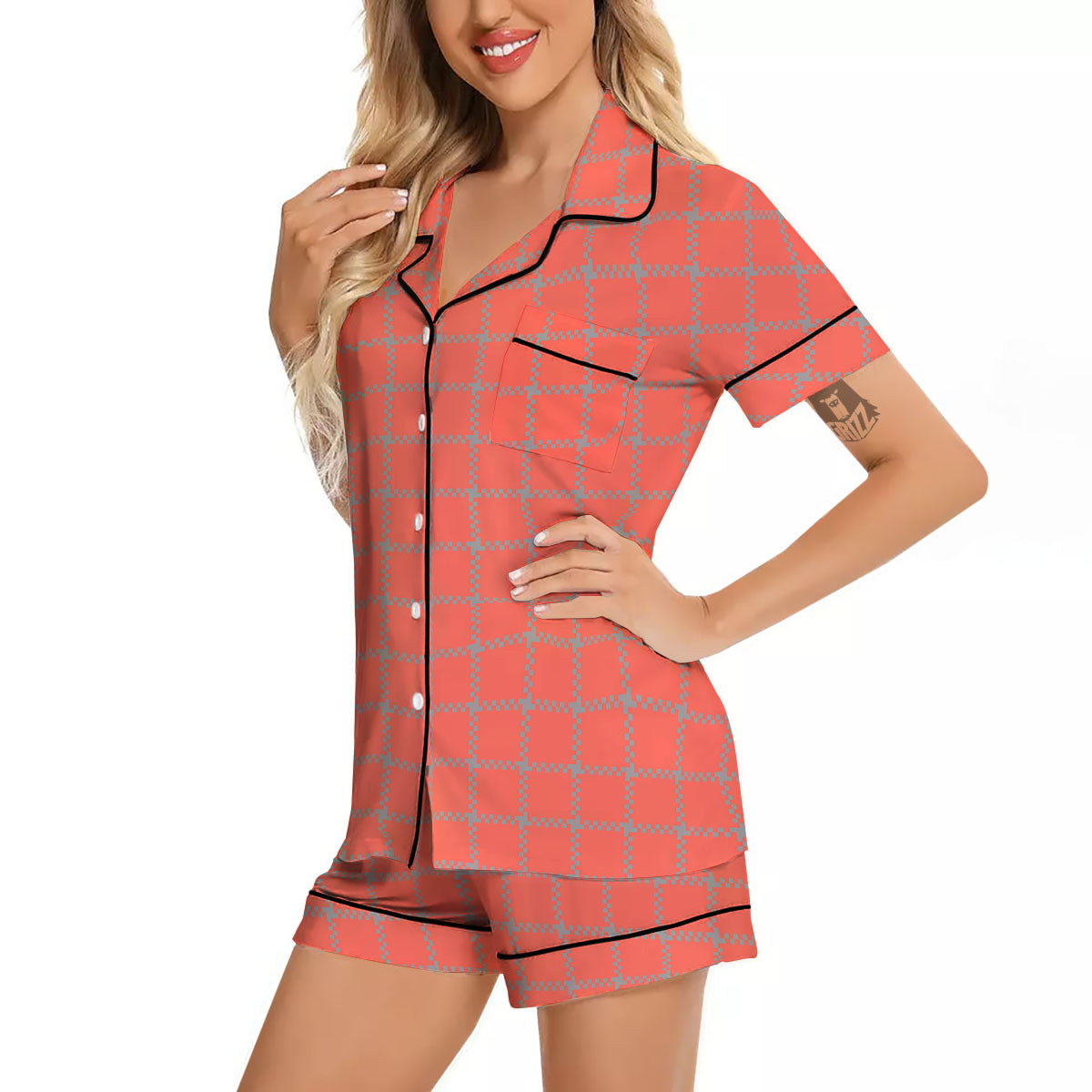 Red Pastel And Grey Tattersall Print Women Silk Pajamas-grizzshop