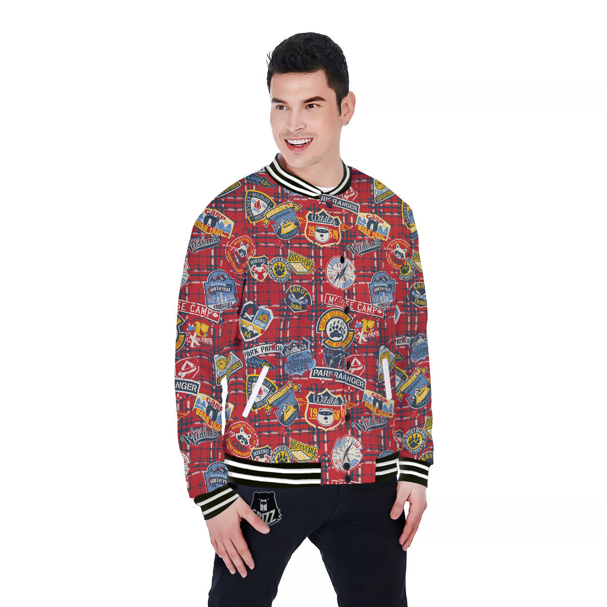 Red Plaid Mountain Camp Tartan Print Baseball Jacket-grizzshop