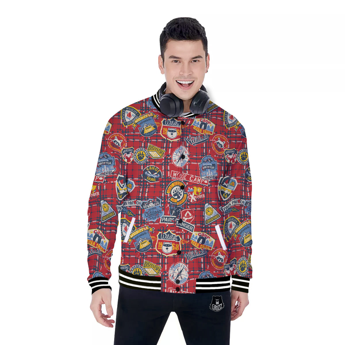 Red Plaid Mountain Camp Tartan Print Baseball Jacket-grizzshop