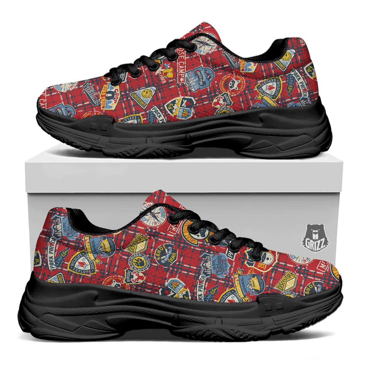 Red Plaid Mountain Camp Tartan Print Black Chunky Shoes-grizzshop