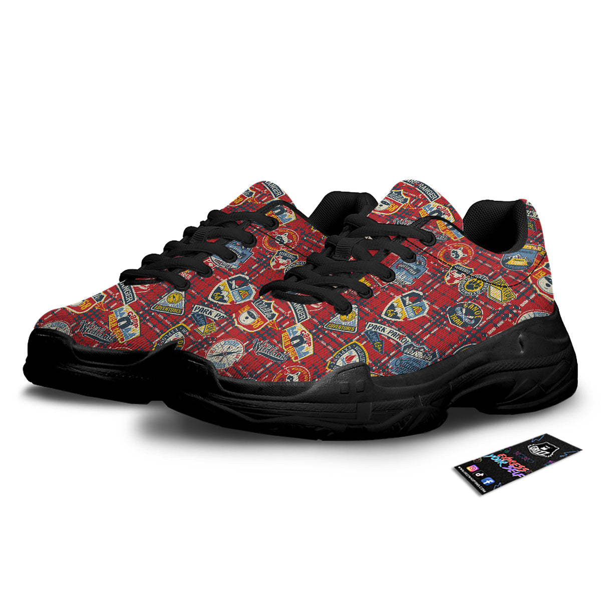 Red Plaid Mountain Camp Tartan Print Black Chunky Shoes-grizzshop