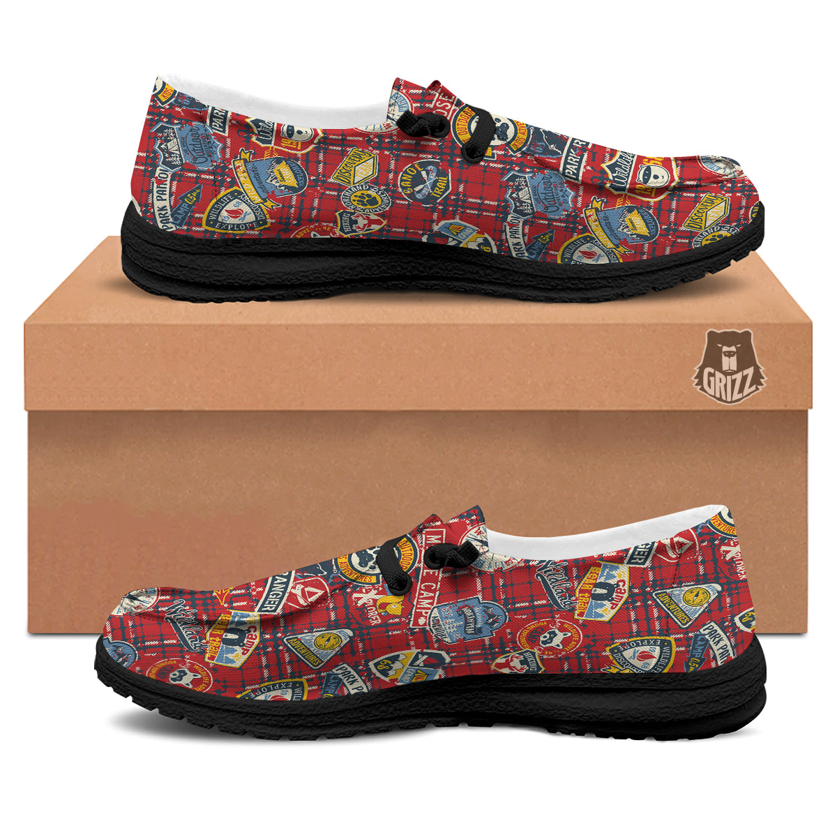 Red Plaid Mountain Camp Tartan Print Black Loafers-grizzshop