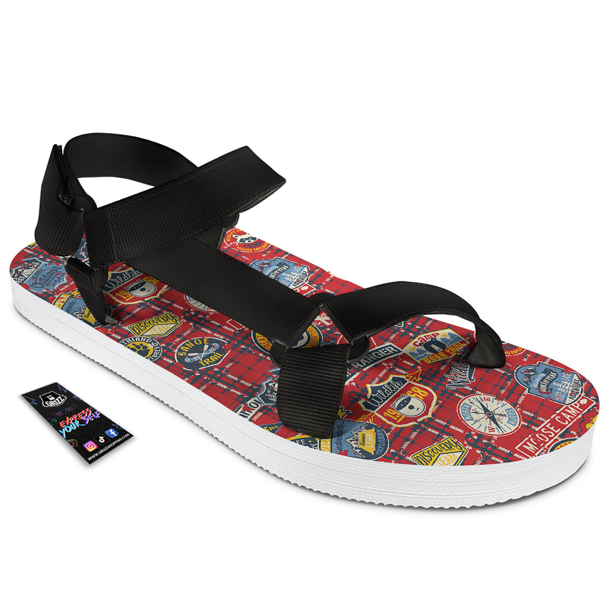 Red Plaid Mountain Camp Tartan Print Black Open Toe Sandals-grizzshop