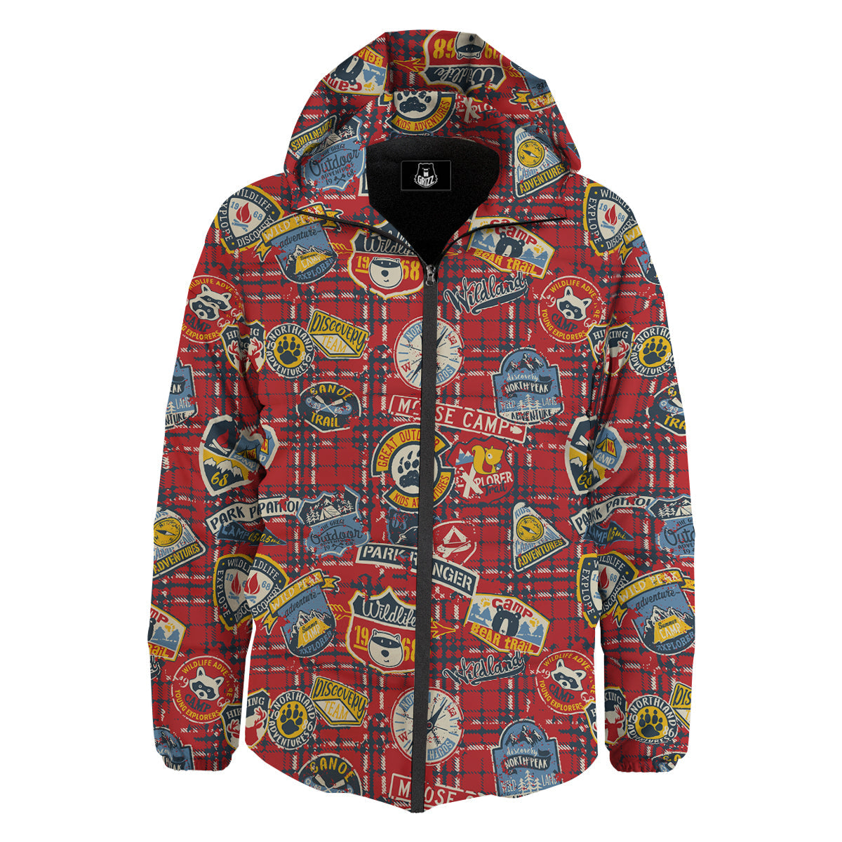 Red Plaid Mountain Camp Tartan Print Down Jacket-grizzshop