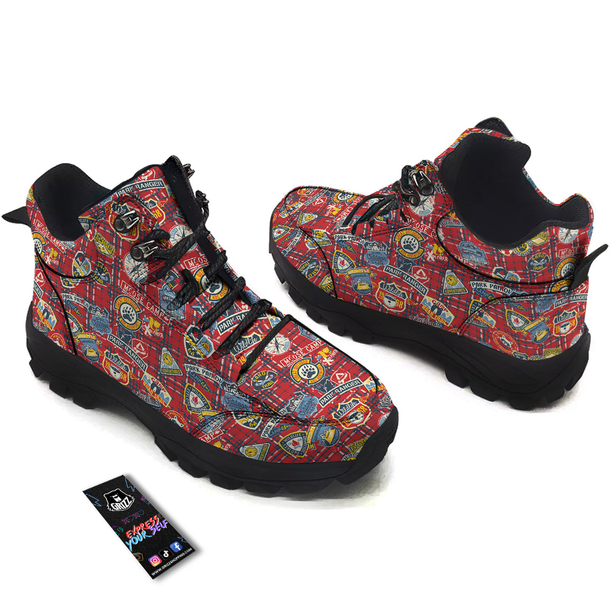 Red Plaid Mountain Camp Tartan Print Hiking Shoes-grizzshop
