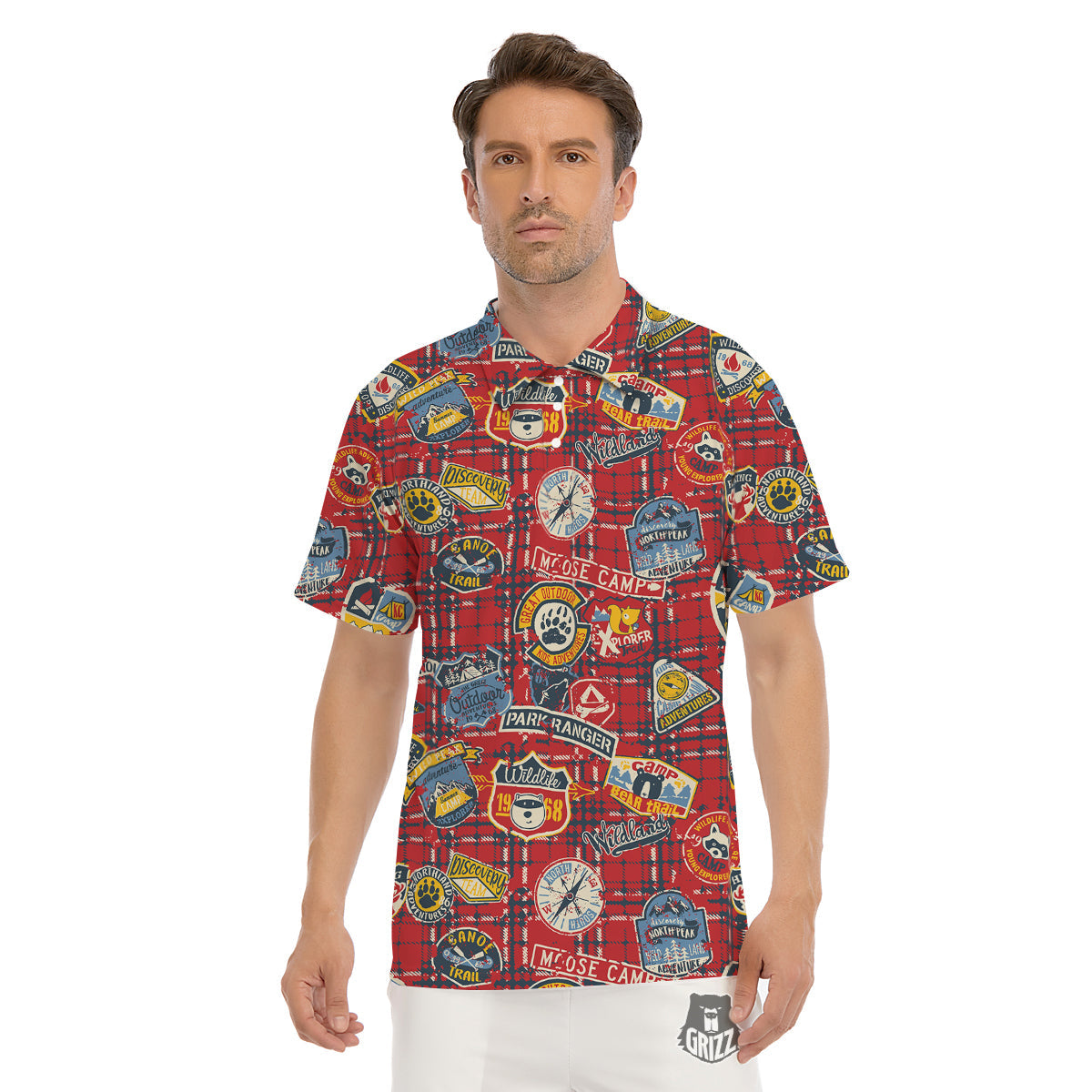 Red Plaid Mountain Camp Tartan Print Men's Golf Shirts-grizzshop