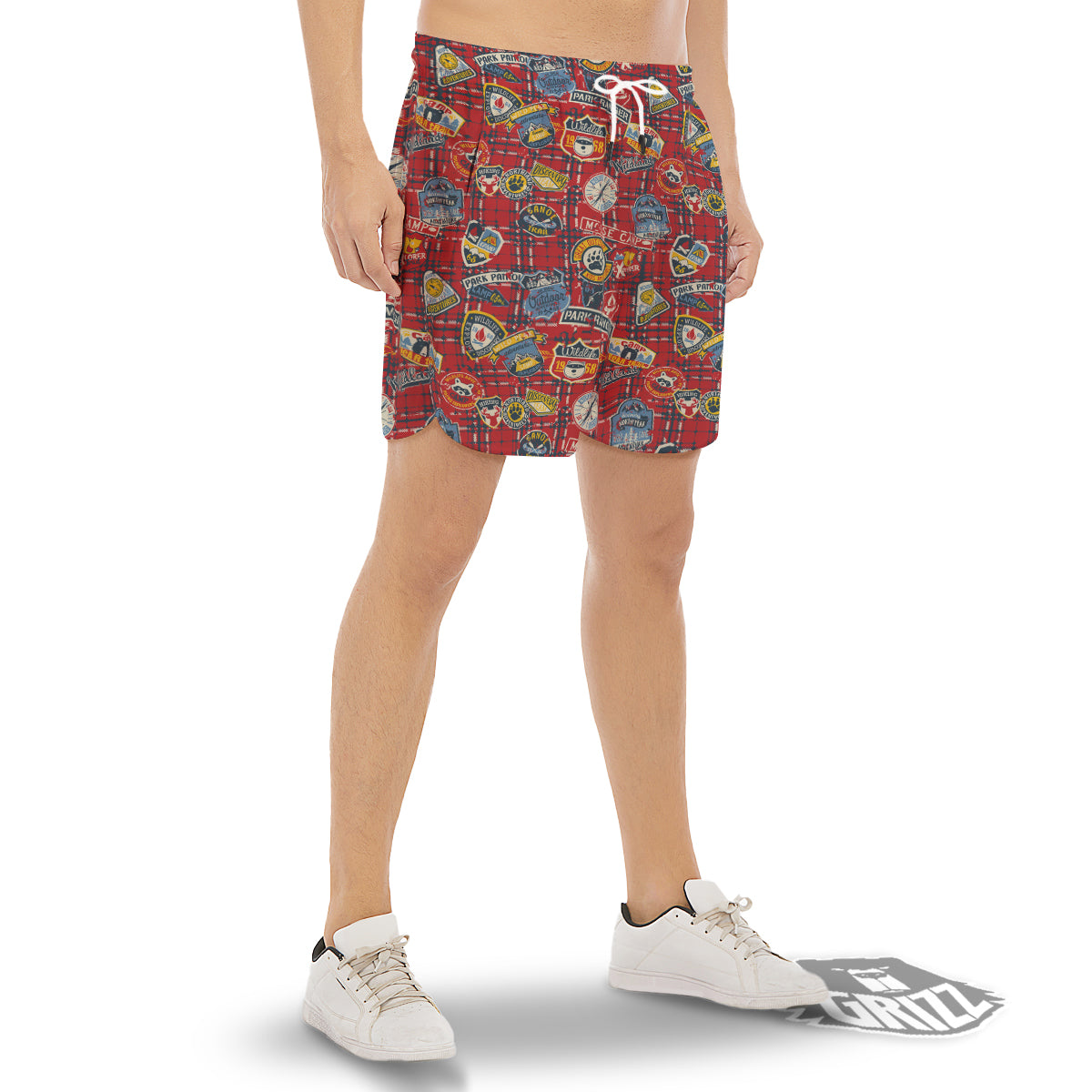Red Plaid Mountain Camp Tartan Print Men's Gym Shorts-grizzshop
