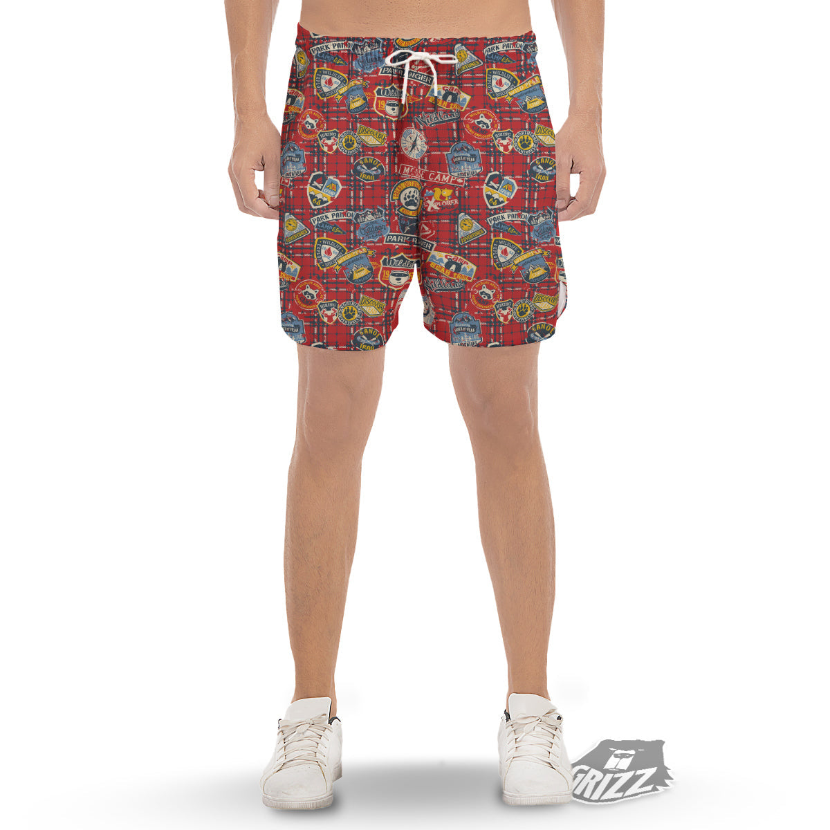 Red Plaid Mountain Camp Tartan Print Men's Gym Shorts-grizzshop