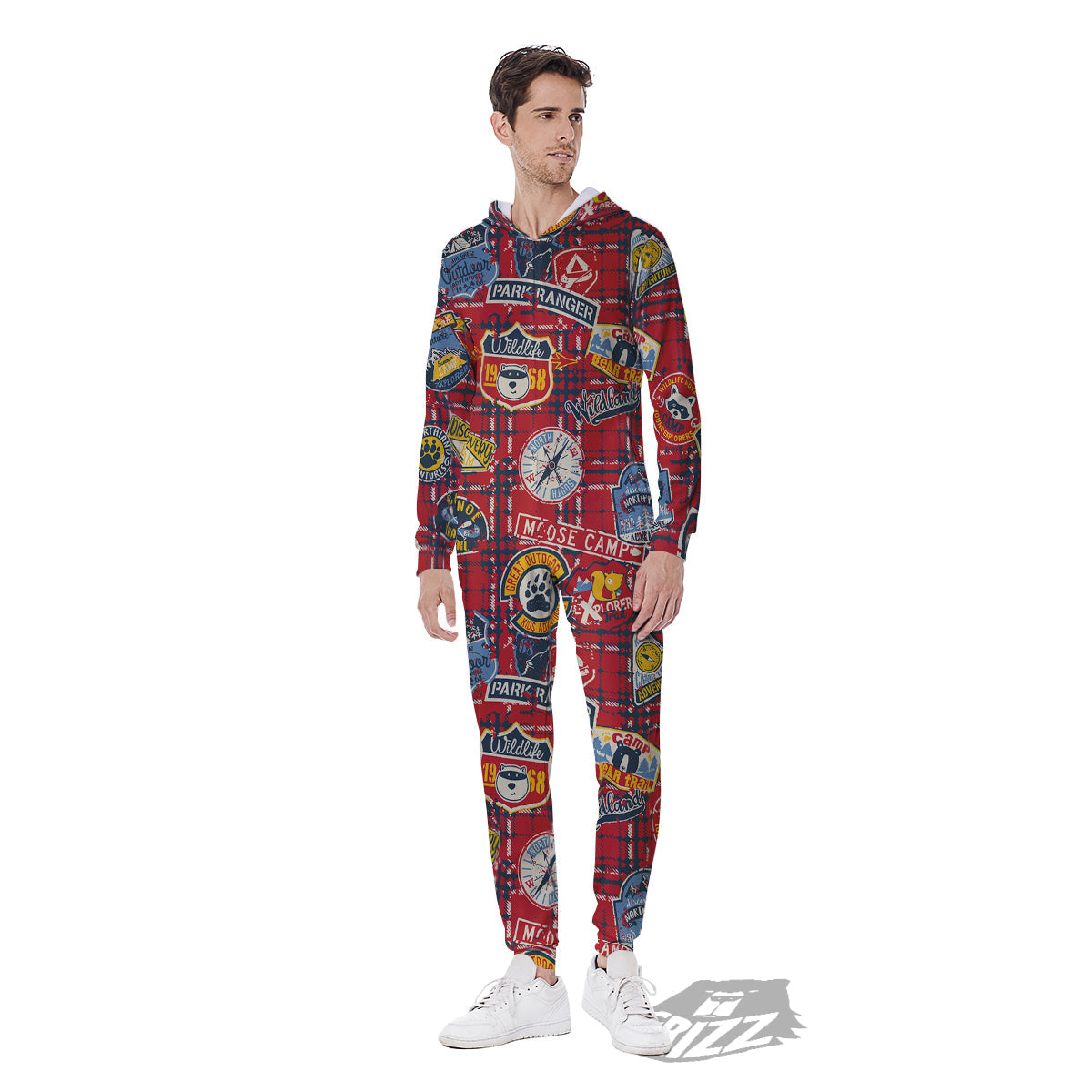 Red Plaid Mountain Camp Tartan Print Men's Jumpsuit-grizzshop