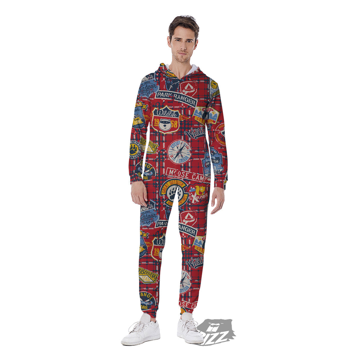 Red Plaid Mountain Camp Tartan Print Men's Jumpsuit-grizzshop