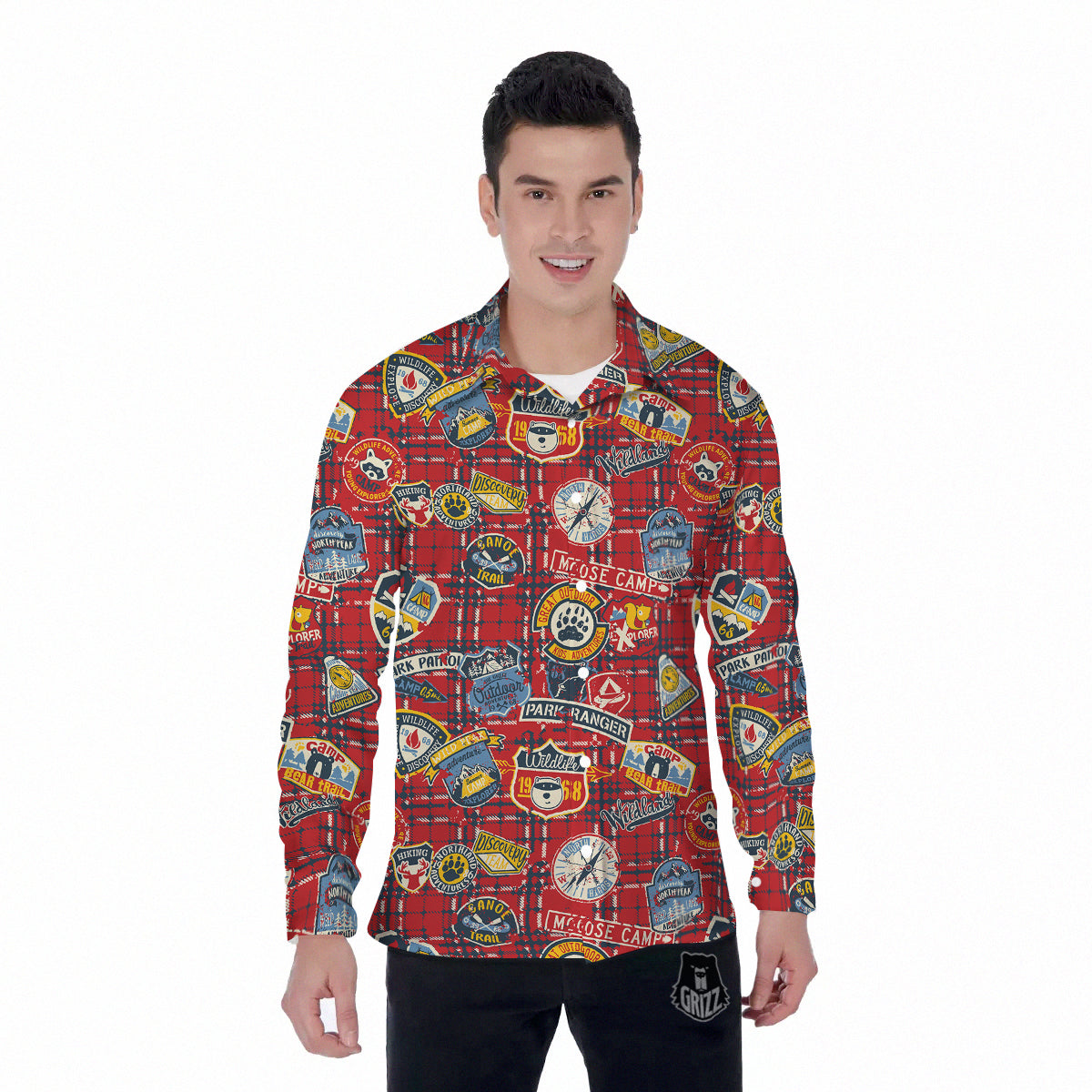 Red Plaid Mountain Camp Tartan Print Men's Long Sleeve Shirts-grizzshop