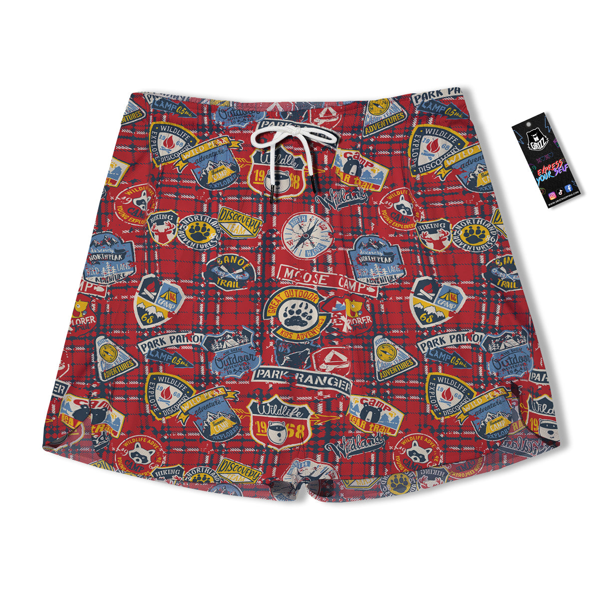 Red Plaid Mountain Camp Tartan Print Men's Running Shorts-grizzshop