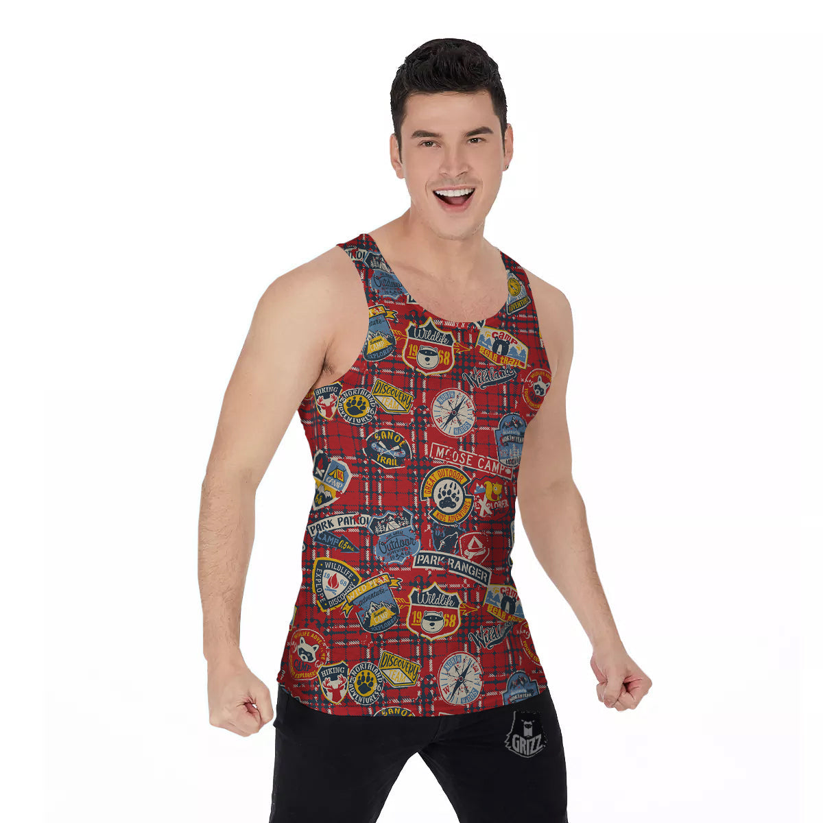 Red Plaid Mountain Camp Tartan Print Men's Tank Top-grizzshop