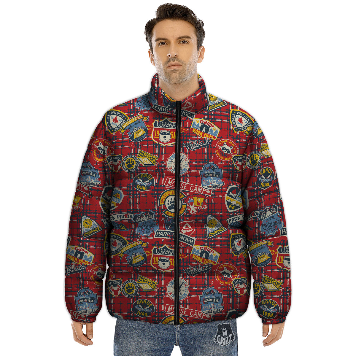 Red Plaid Mountain Camp Tartan Print Puffer Jacket-grizzshop