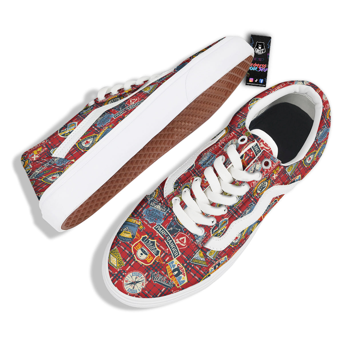 Red Plaid Mountain Camp Tartan Print Skate Shoes-grizzshop