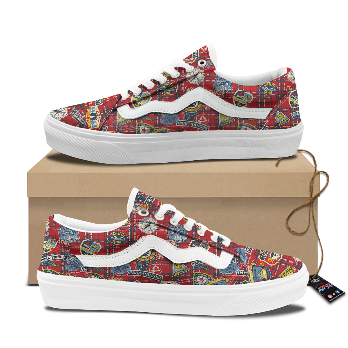Red Plaid Mountain Camp Tartan Print Skate Shoes-grizzshop