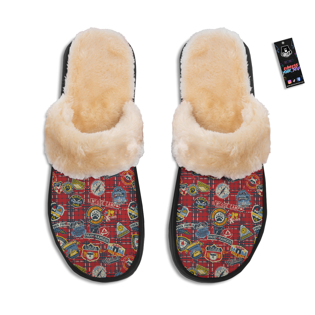 Red Plaid Mountain Camp Tartan Print Slippers-grizzshop