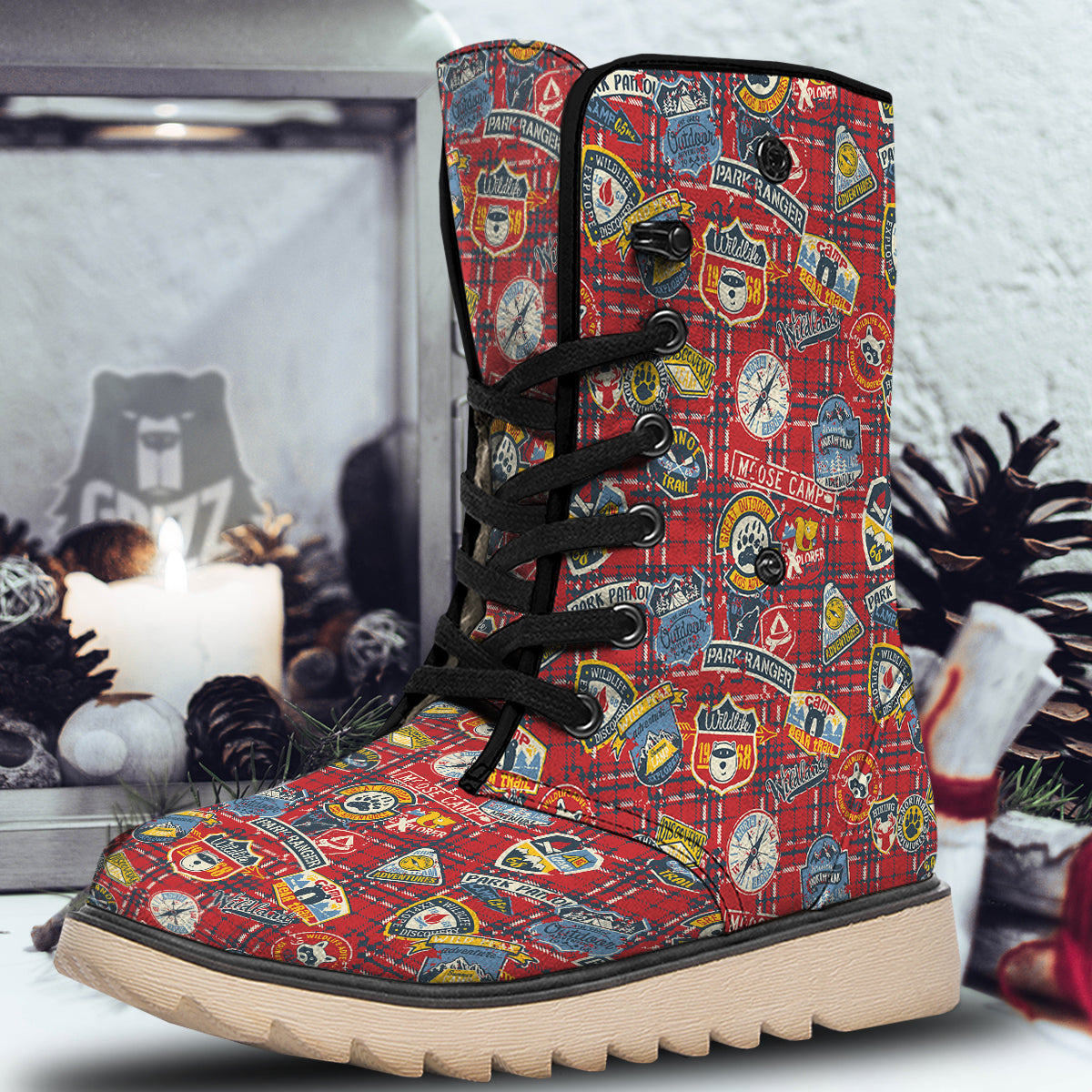 Red Plaid Mountain Camp Tartan Print Snow Boots-grizzshop