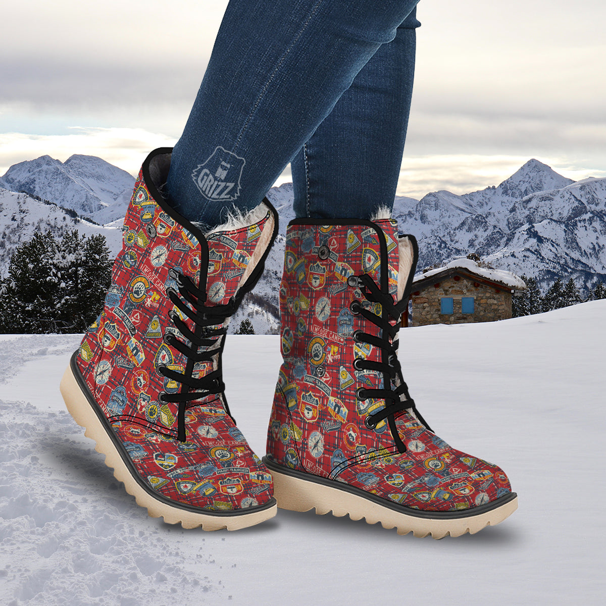 Red Plaid Mountain Camp Tartan Print Snow Boots-grizzshop